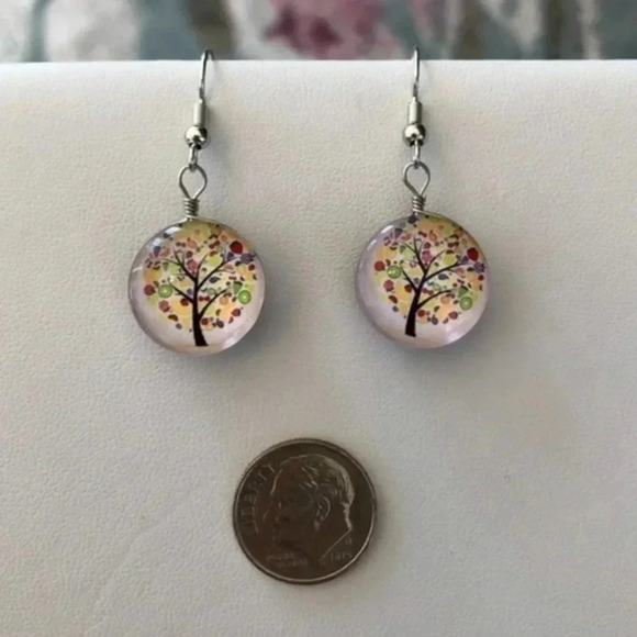 Purple Red Yellow Green Glass Tree 3D Drop Earrings NWT - Picture 2 of 3